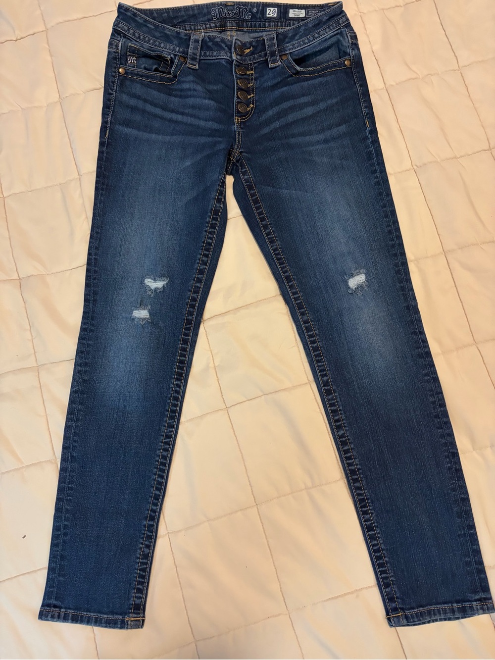 Miss Me Blue mid-rise Skinny Jeans with Subtle Knee Distress